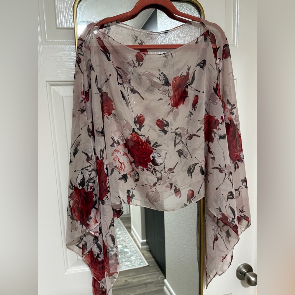 Floral Sheer Shawl with Red Roses